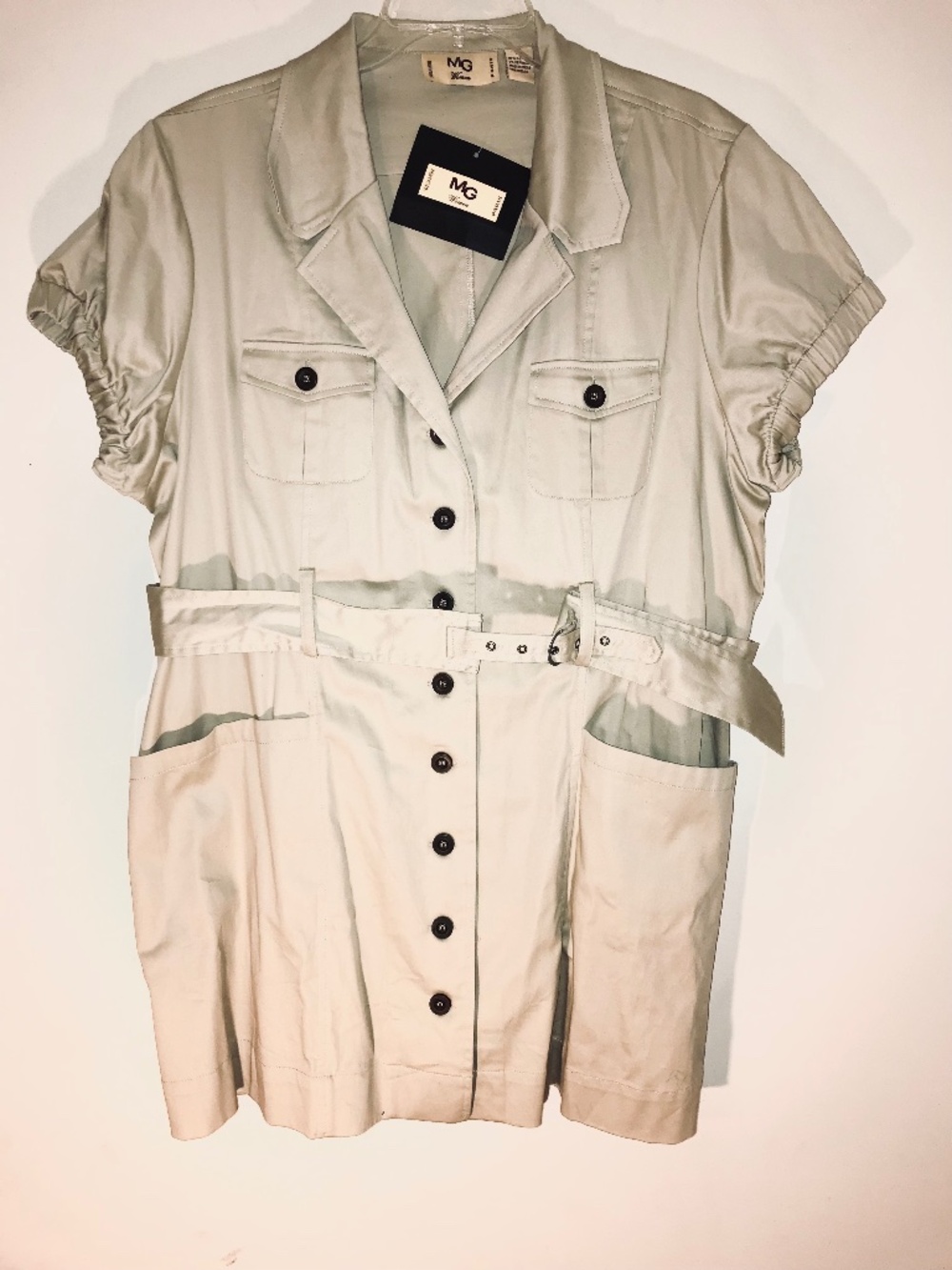 NWT MG Women Khaki Button Up Utility Mini Dress Belted Pockets Size 2X 2010 Tan